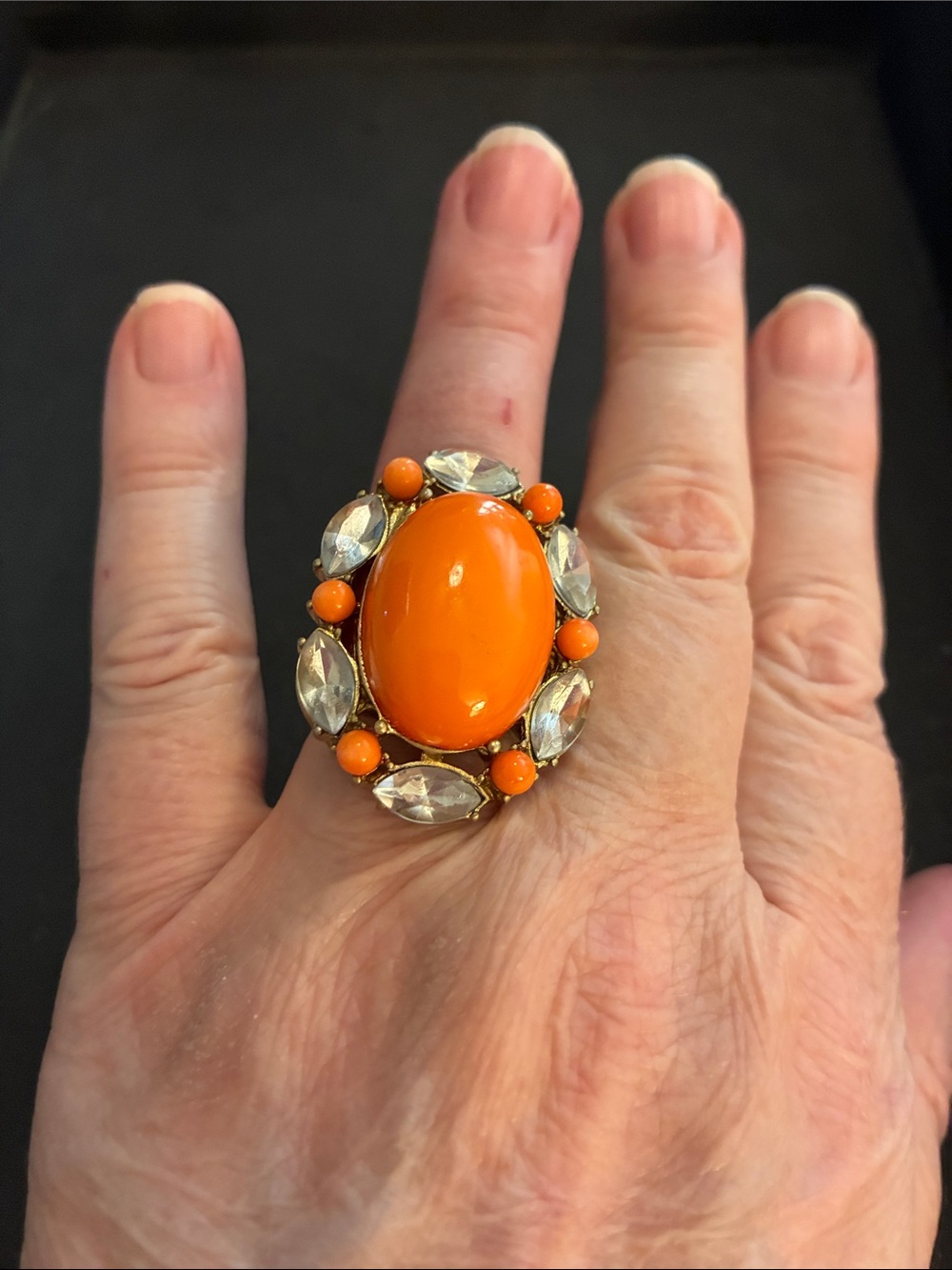 Bold Orange Cocktail Stretch Ring with Clear Accent Stones